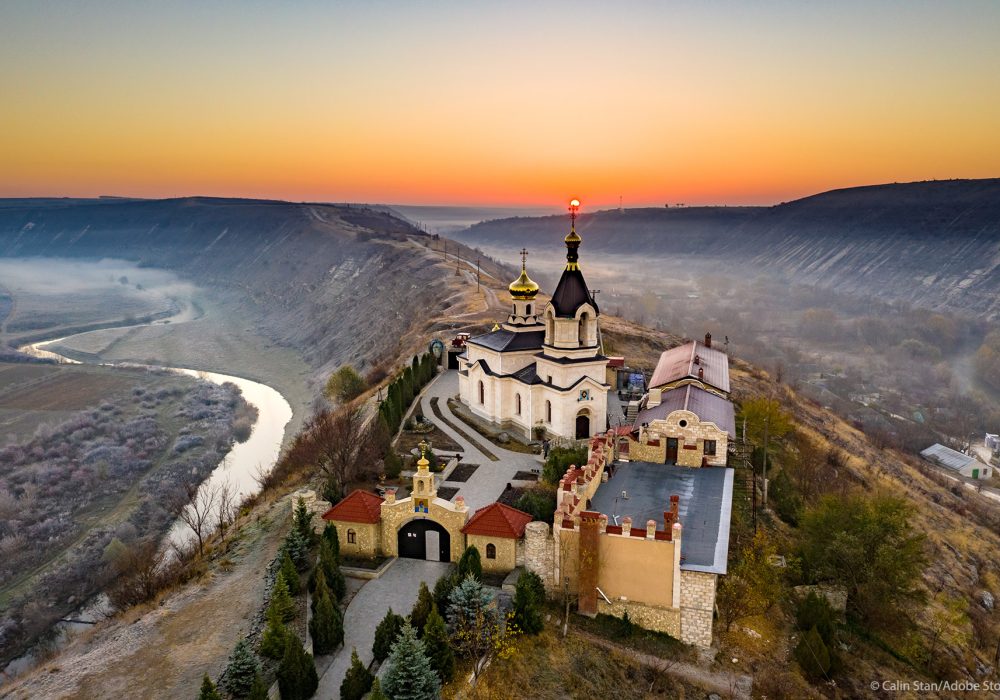 Old Orhei Monastery at sunrise in Moldova Republic